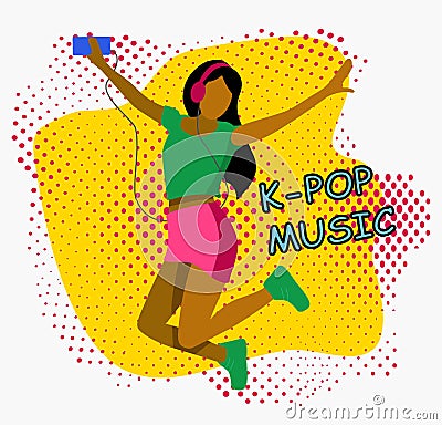Pop art style print on t-shirt. Happy girl listen and love korean k-pop music in headphones Vector Illustration